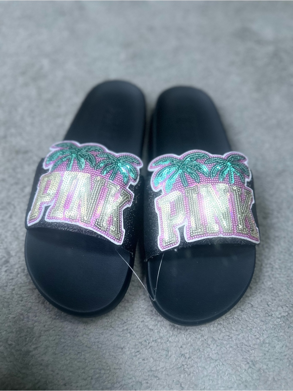 PINK Victoria's Secret Black Slide Sandals with Pink Glitter Logo and Green Palm